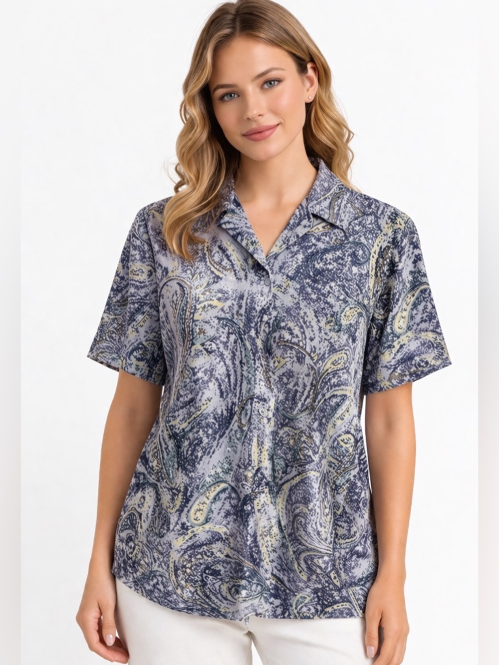 Vintage 90s Gillian Perrie Paisley Blouse Blue Gray Button Up Soft Grunge Boho